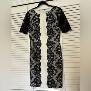 ANTONIO MELANI Black Lace-Trim White Midi Sheath Dress